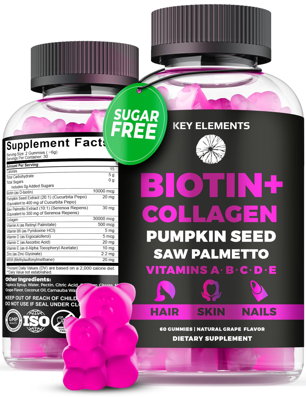 Key Elements hair growth gummies bottle for shiny, strong hair.