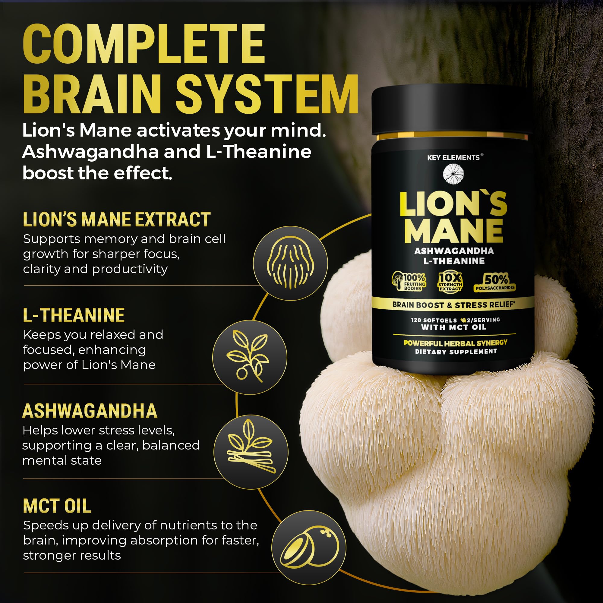 Key Elements Lions Mane softgels packaging showcases clean formula.
