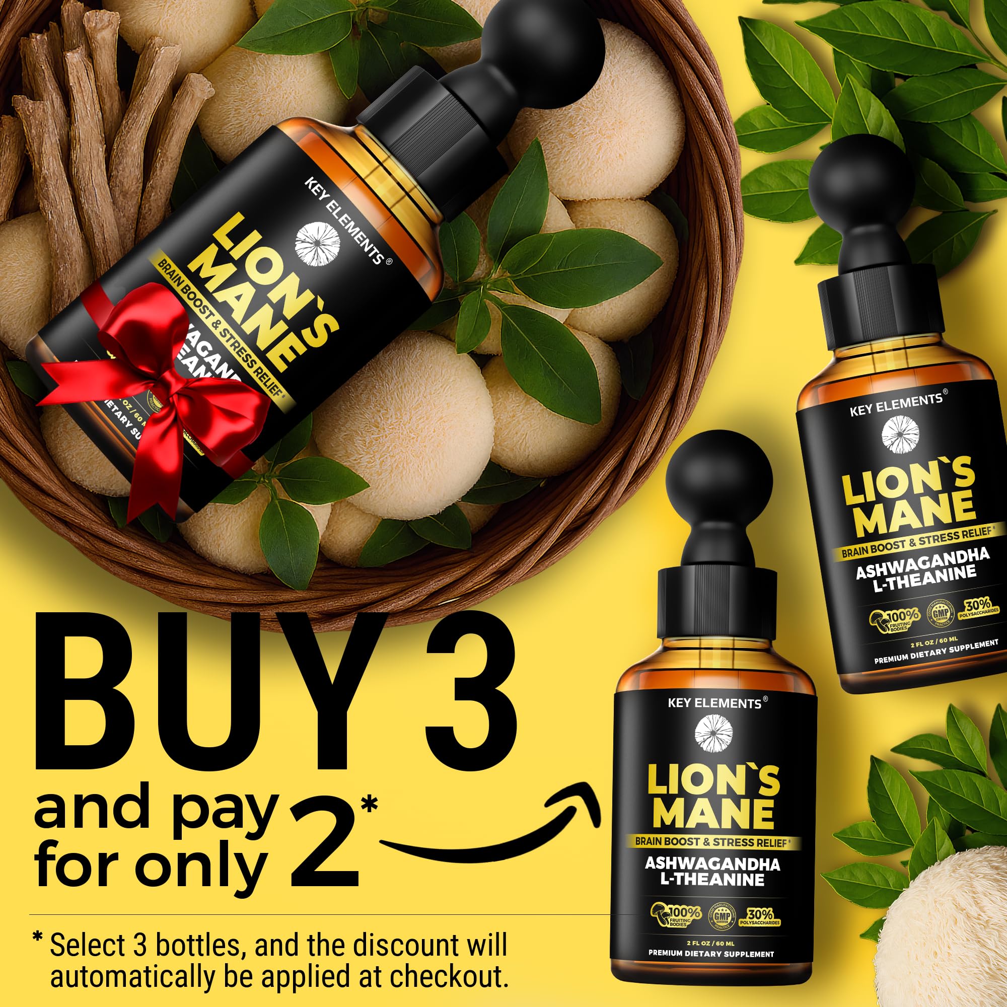 Key Elements Lions Mane tincture pour indicating fast absorption.