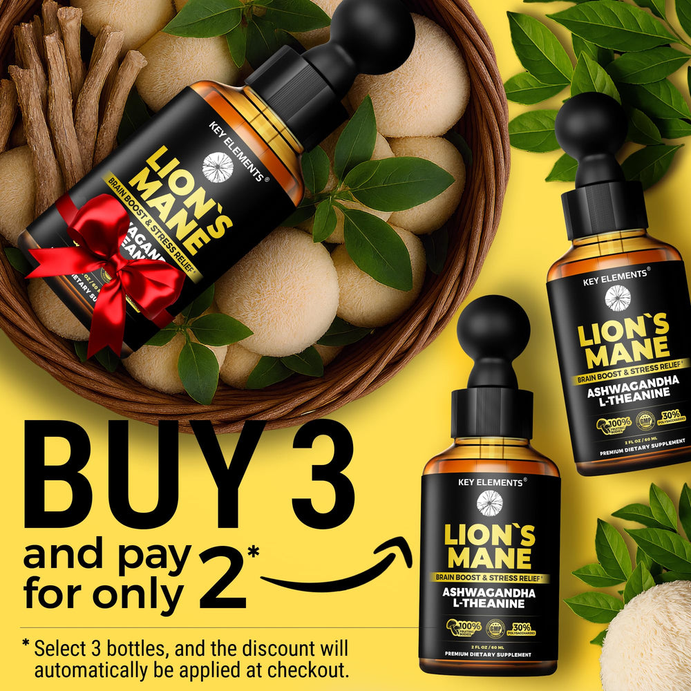 Key Elements Lions Mane tincture pour indicating fast absorption.