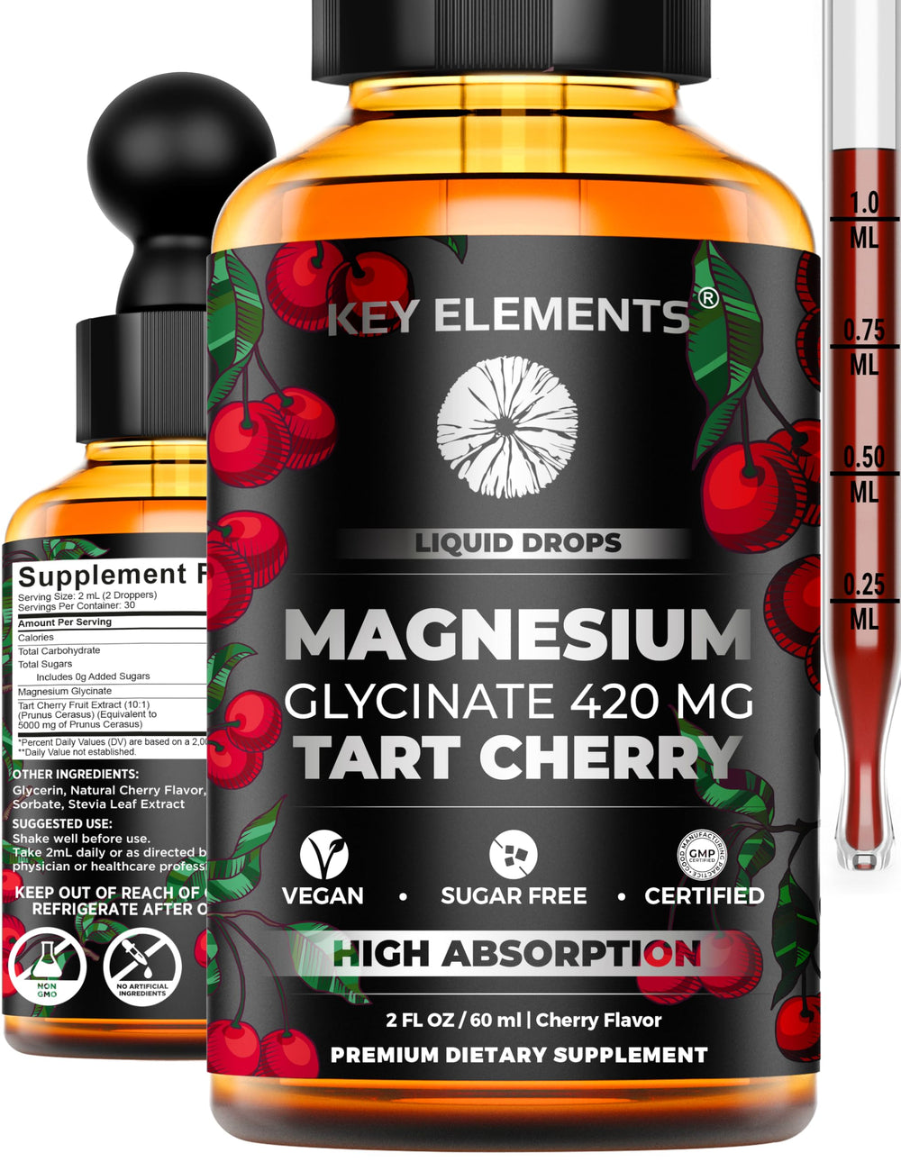 KEY ELEMENTS Liquid Magnesium Glycinate bottle highlights portable sleep support and daily mobility.