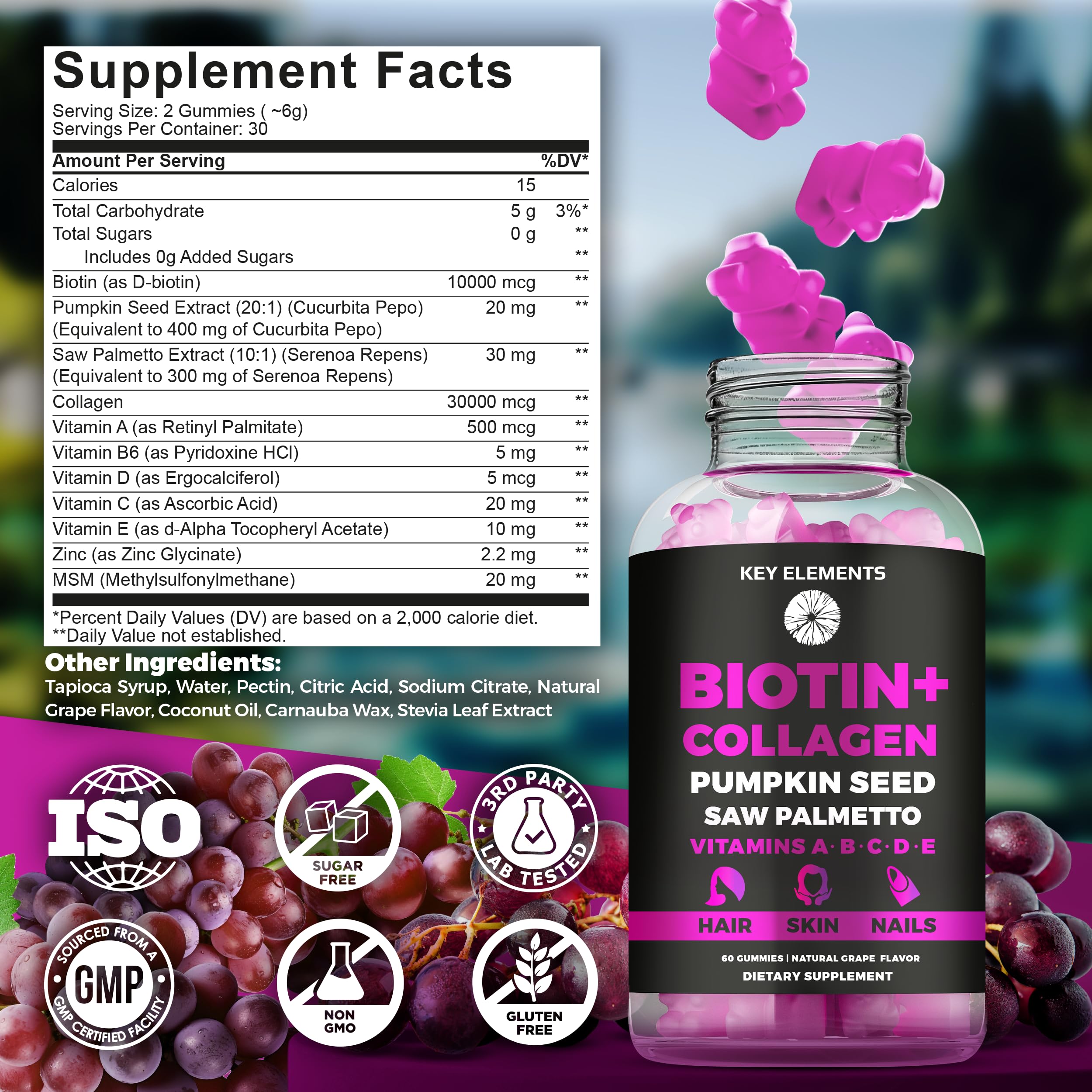 Key Elements nails health gummies bottle promoting stronger nails.