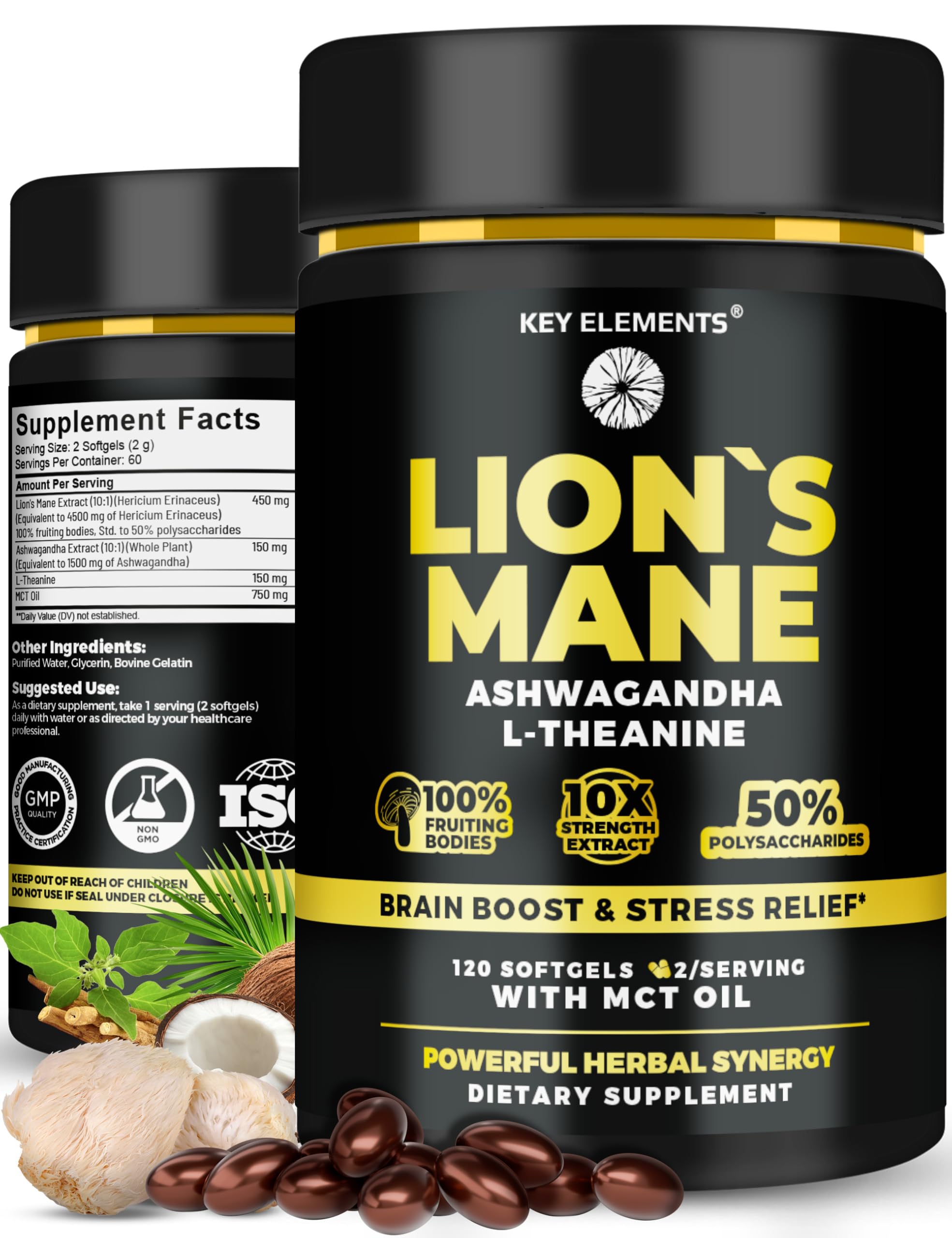Key Elements Lions Mane bottle close-up highlighting brain support potential.