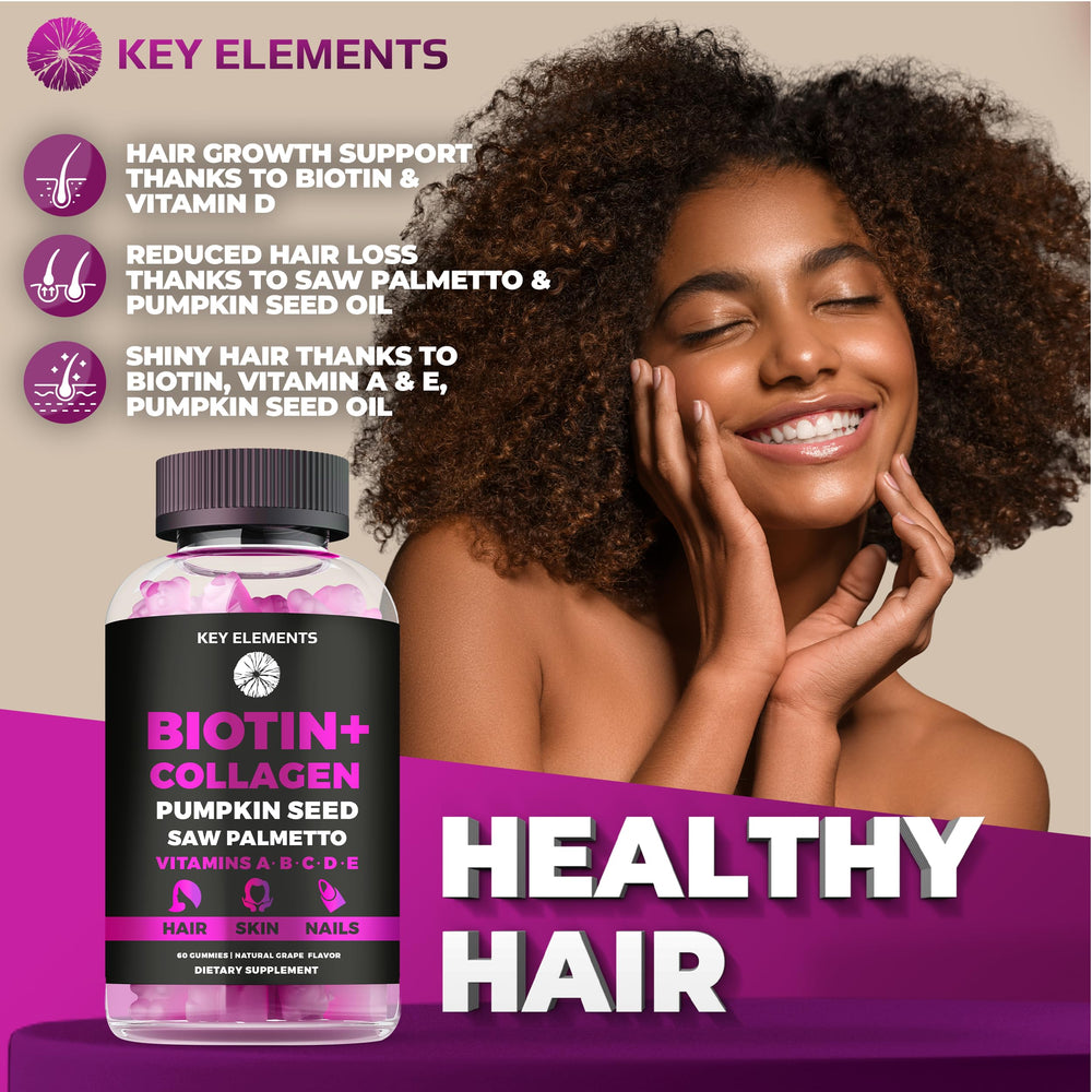 Key Elements saw palmetto pumpkin seed oil bottle for hair health support.