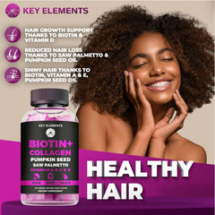 Key Elements saw palmetto pumpkin seed oil bottle for hair health support.