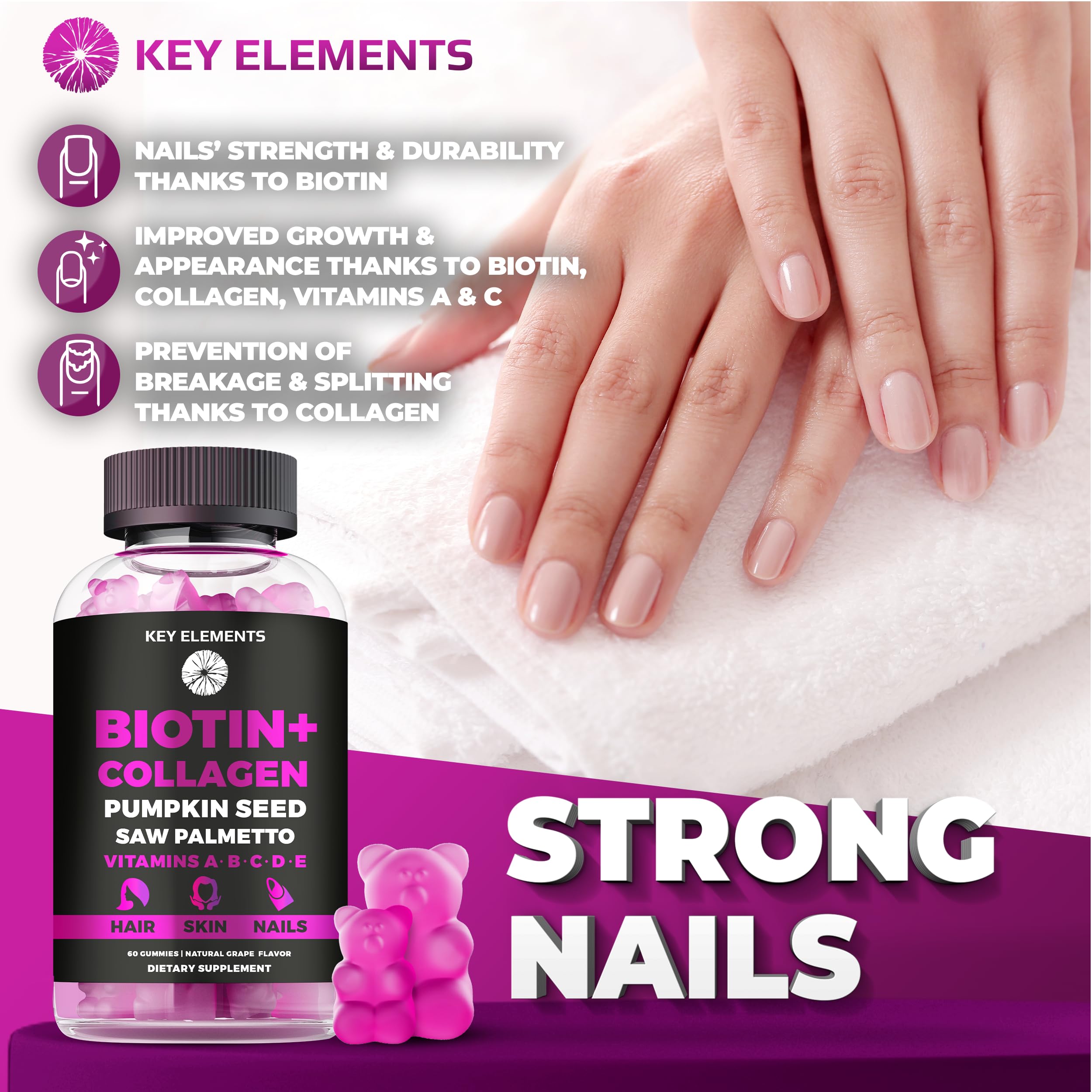 Key Elements vitamins A, B6, C, D, E support skin and overall wellness.