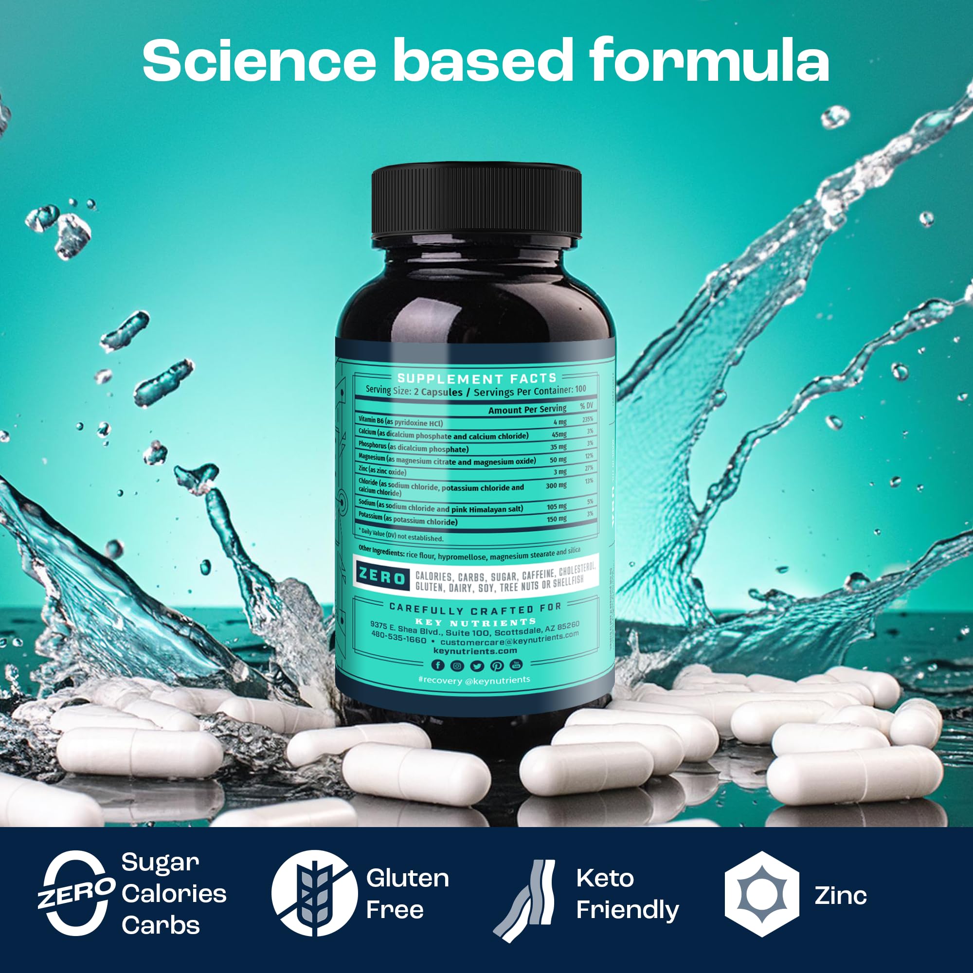 USA-made Key Nutrients Electrolyte Tablets seal and certificate