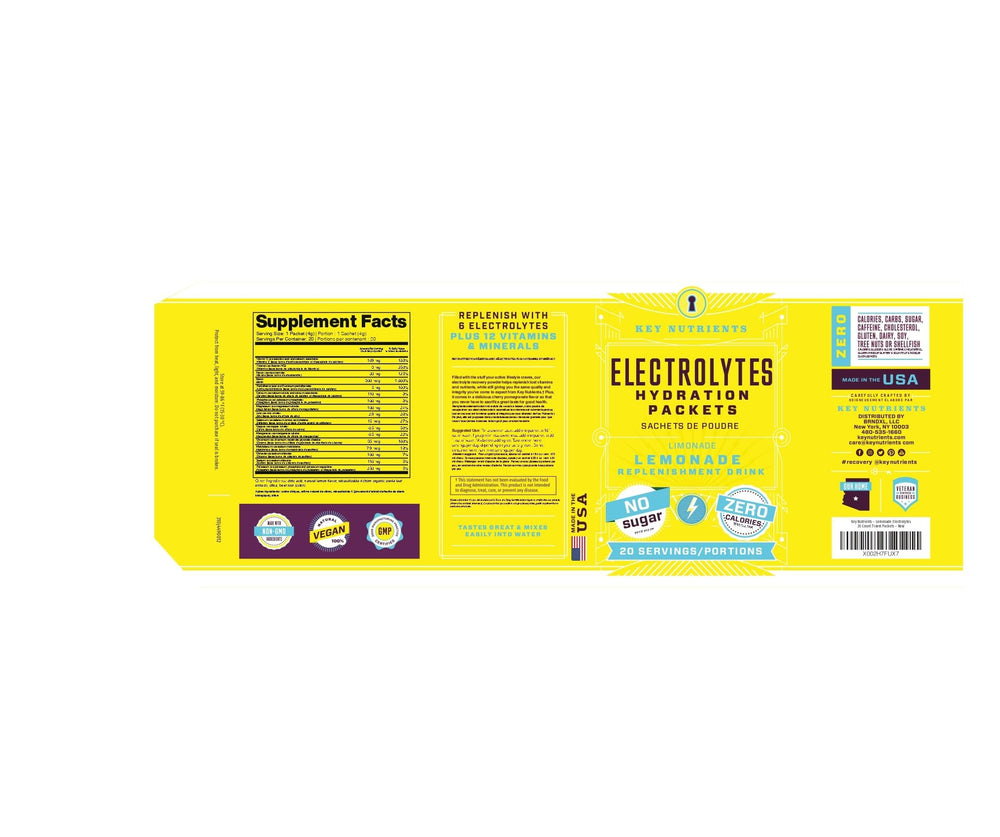Key Nutrients electrolytes ingredients label, showcasing minerals and vitamins.