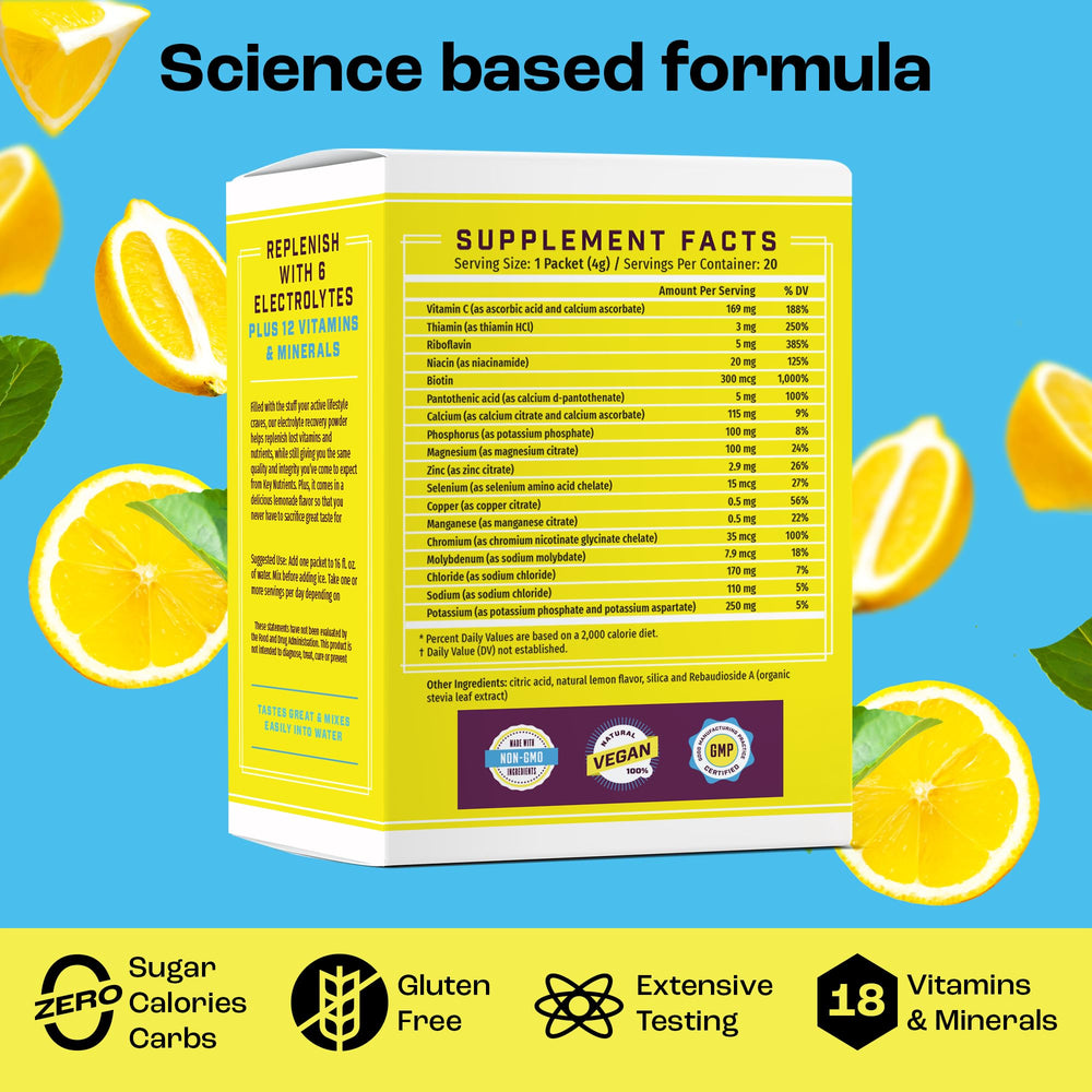 Key Nutrients electrolytes lemonade in a glass, refreshing after activity.