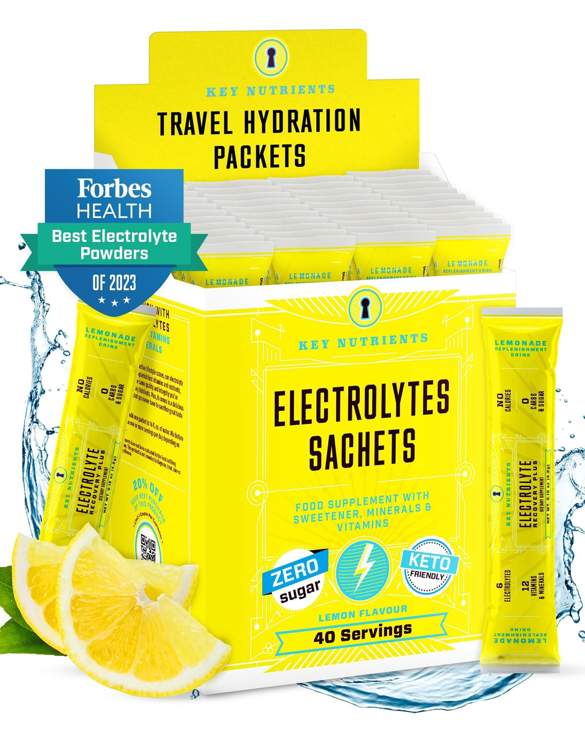 KEY NUTRIENTS electrolytes lemonade packet closeup highlights refreshing hydration flavor on the go