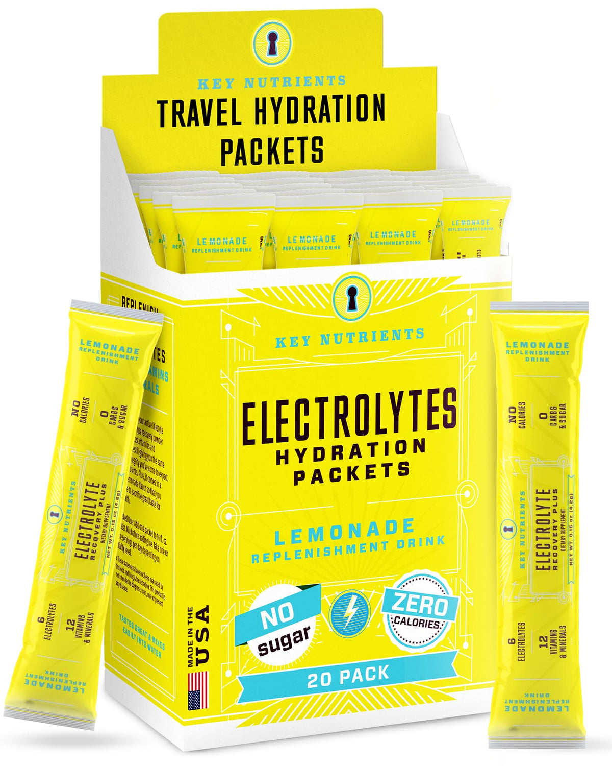 Key Nutrients electrolytes lemonade packets front view for on-the-go hydration.