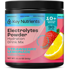 Key Nutrients Electrolytes Powder Juicy Strawberry Lemonade in glass for refreshing hydration.