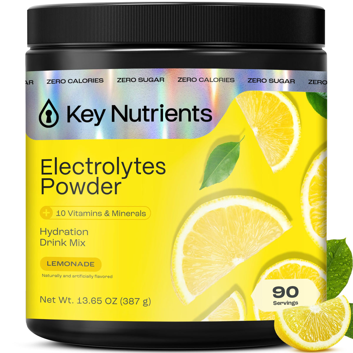 KEY NUTRIENTS electrolytes powder lemonade tub highlights a sugar-free hydration option