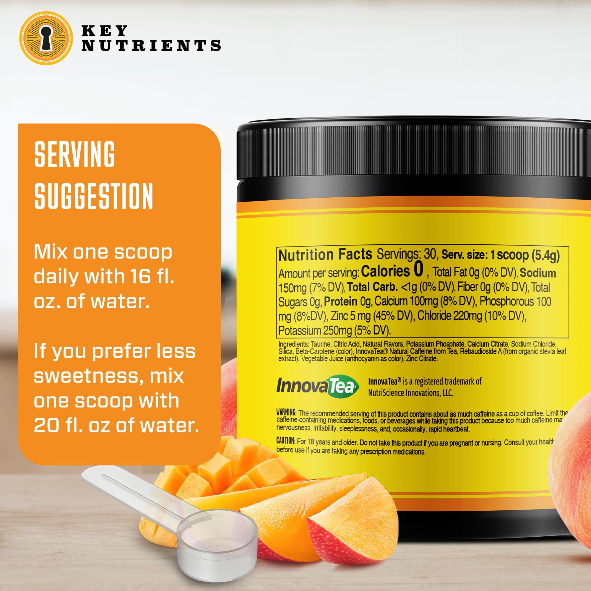 KEY NUTRIENTS Tropical peach mango scoop in a shaker for on-the-go energy.
