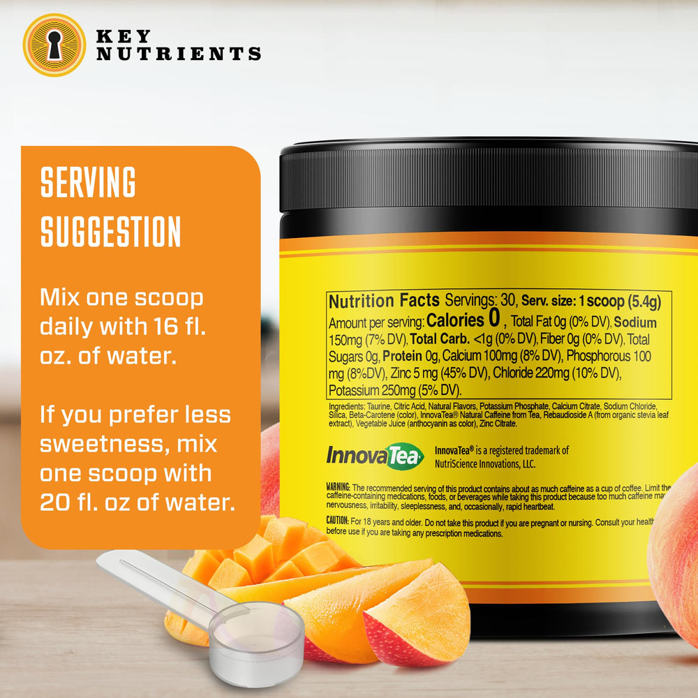 KEY NUTRIENTS Tropical peach mango scoop in a shaker for on-the-go energy.