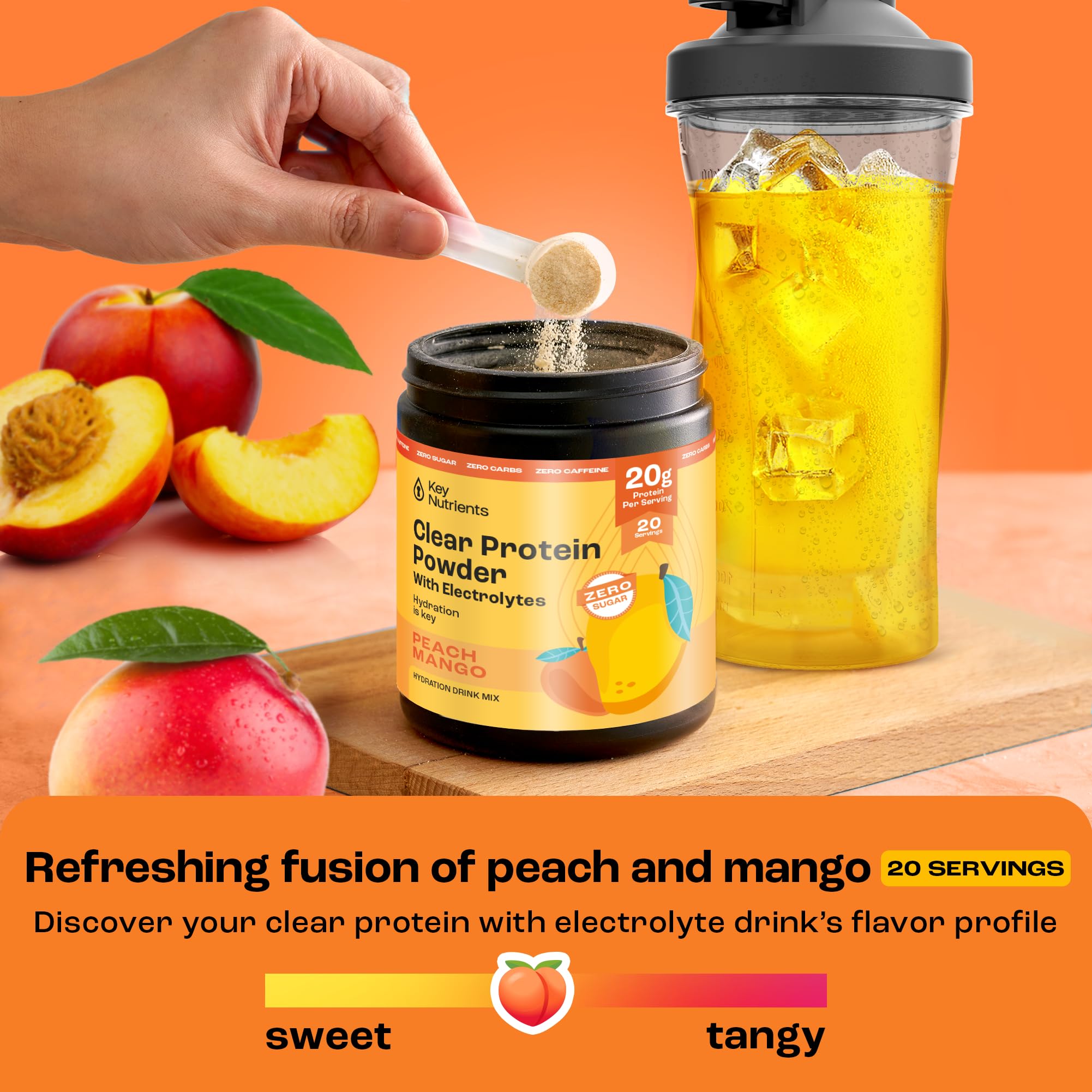 KEY NUTRIENTS hydration glass with peach mango pour illustrating quick mix in water