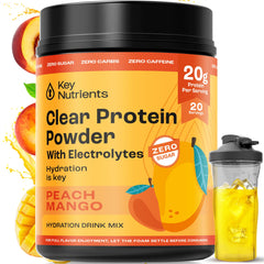 KEY NUTRIENTS Peach Mango electrolyte powder tub front showing refreshing hydration option