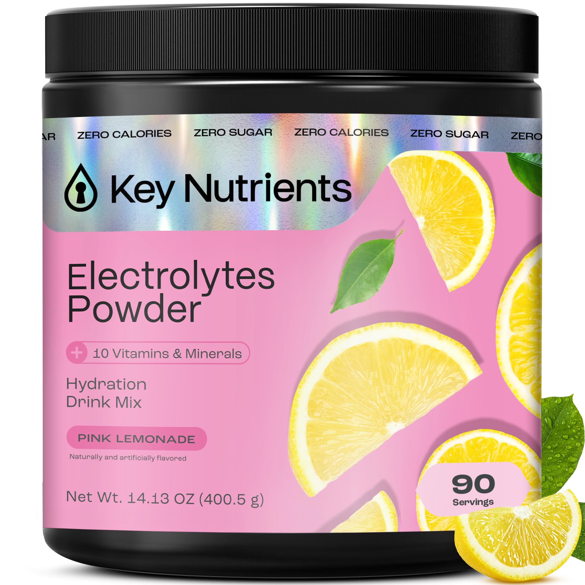 KEY NUTRIENTS pink lemonade electrolytes powder tub for sugar-free hydration.