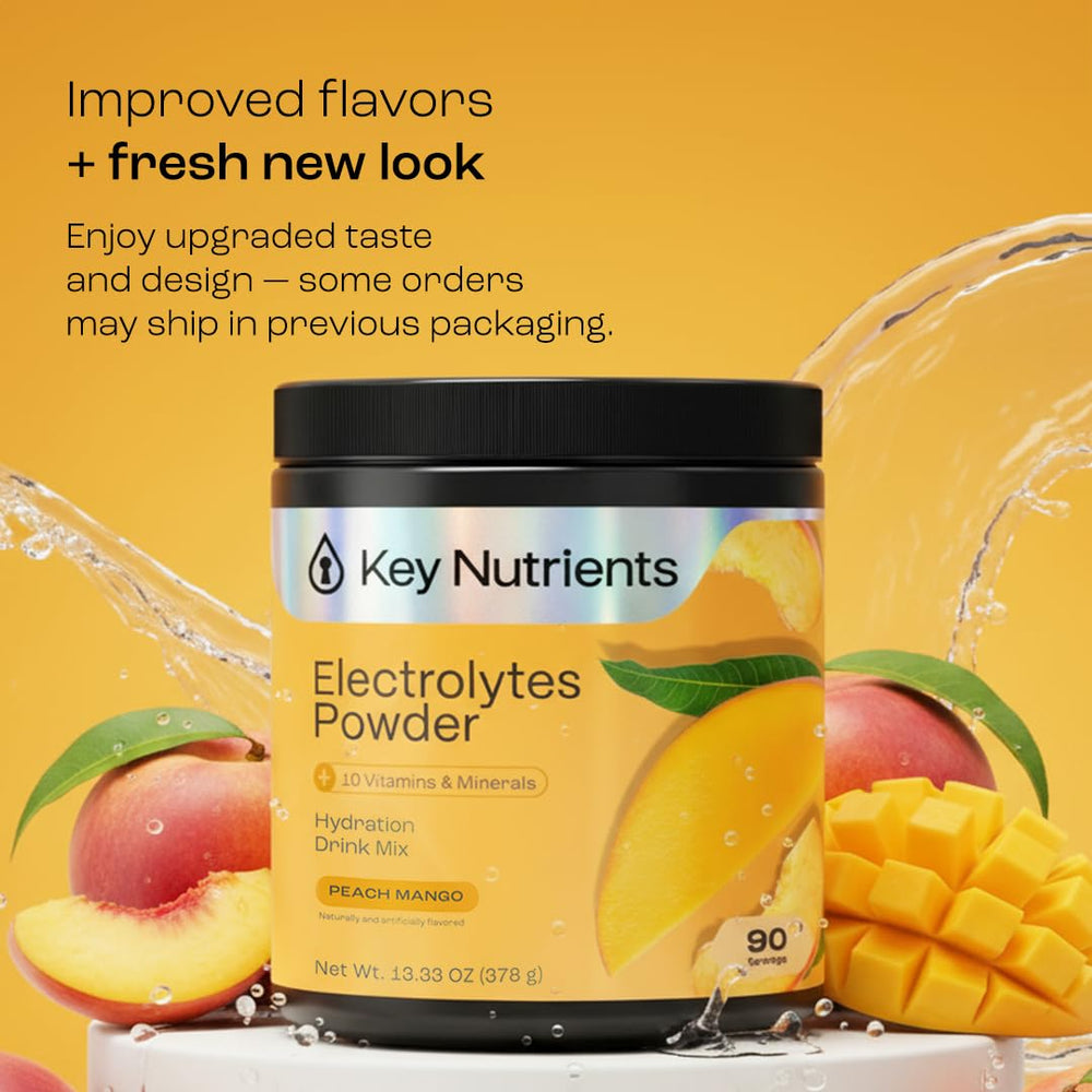 KEY NUTRIENTS electrolyte powder being poured into a glass for hydration.