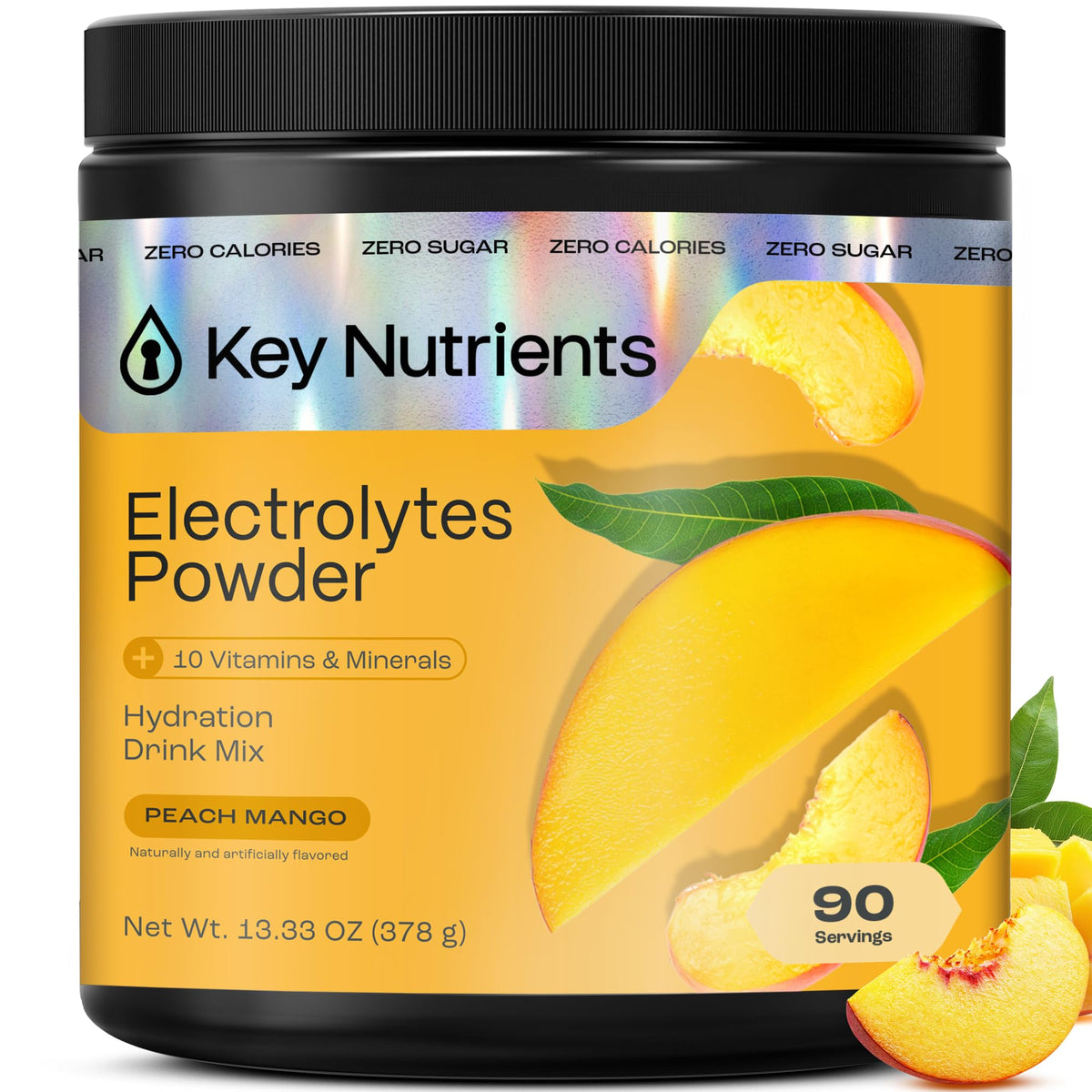KEY NUTRIENTS Tropical Peach Mango electrolyte powder bottle ready for workouts, showing flavor appeal.