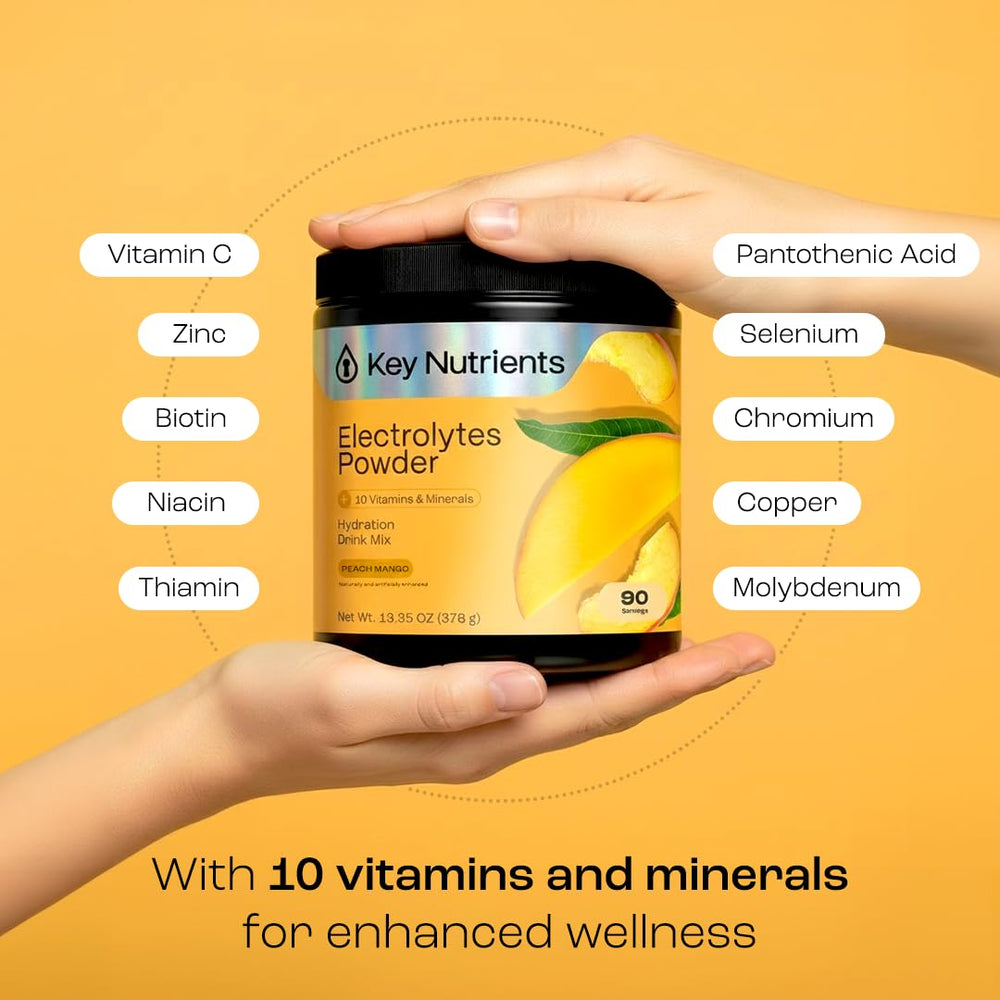 KEY NUTRIENTS USA-made, veteran-founded hydration powder label on tub.