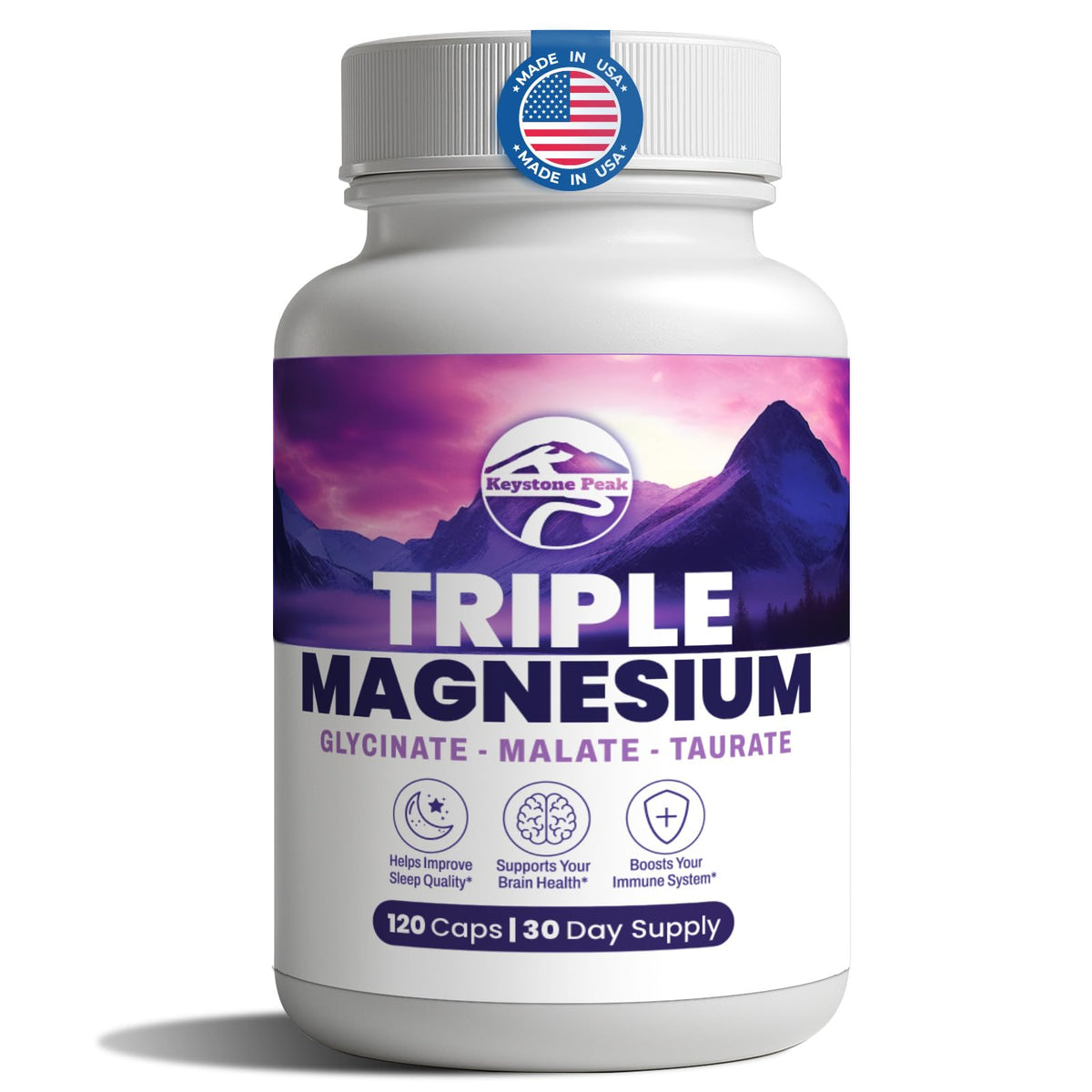 Keystone Peak Triple Magnesium bottle front for daily balance.