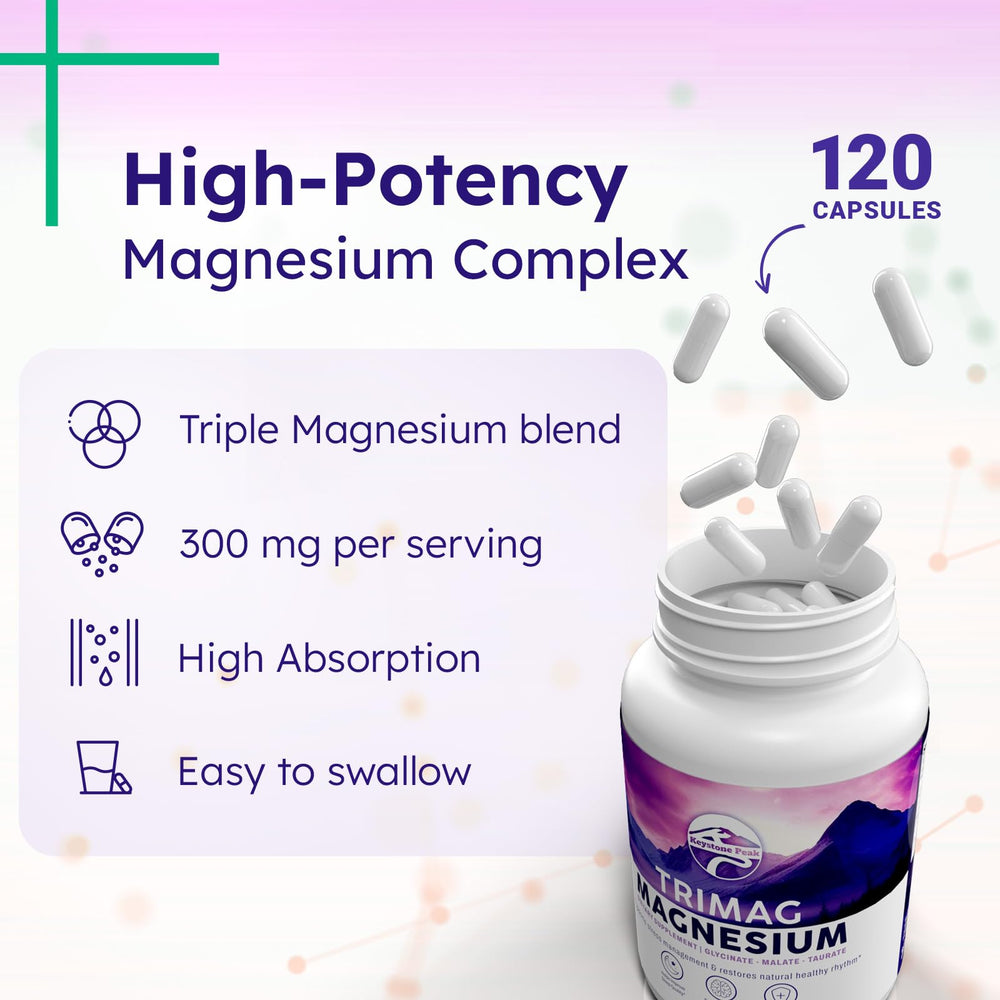 Keystone Peak Triple Magnesium capsules close-up highlighting chelated forms.