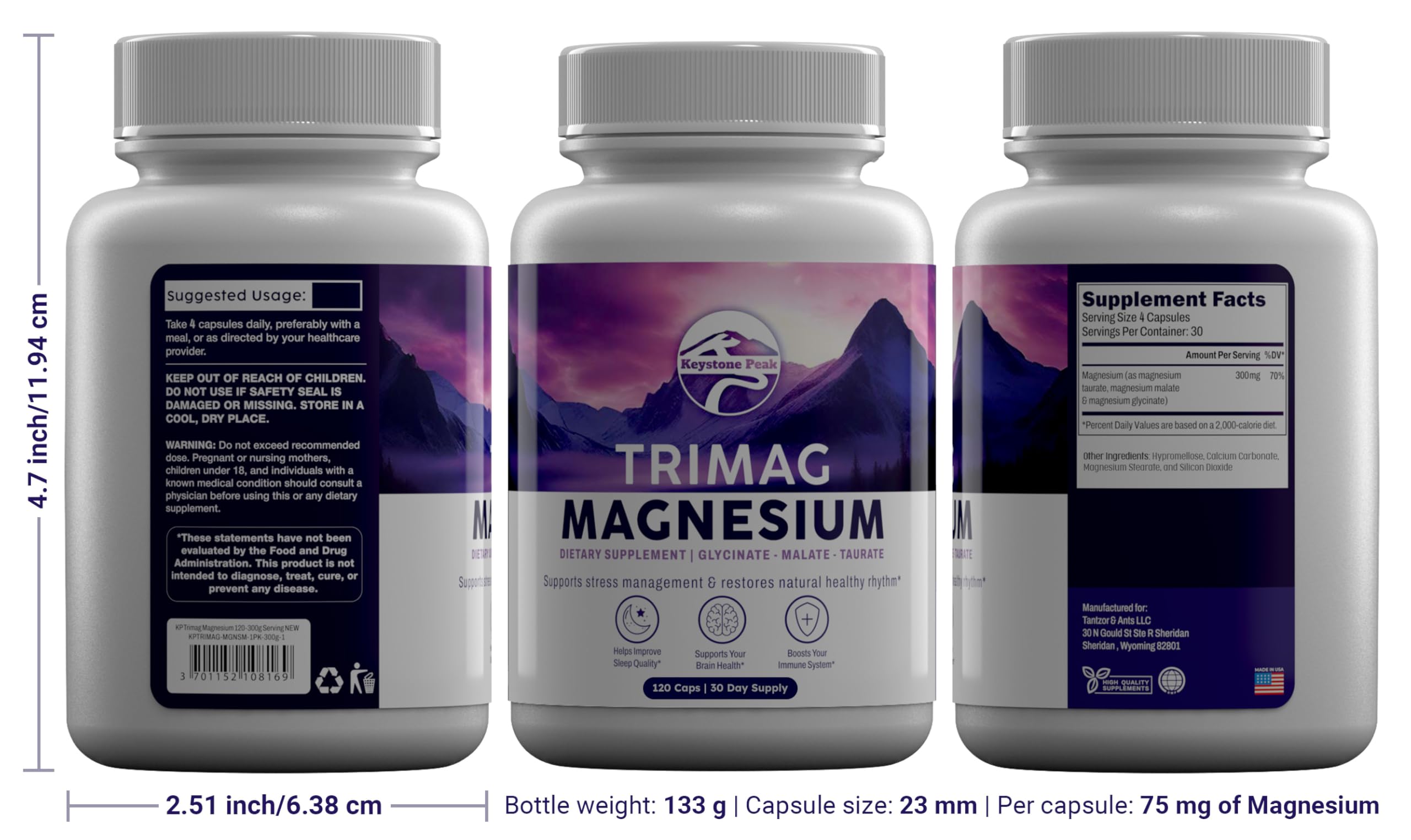 Keystone Peak Triple Magnesium 120 capsules one-month supply view.