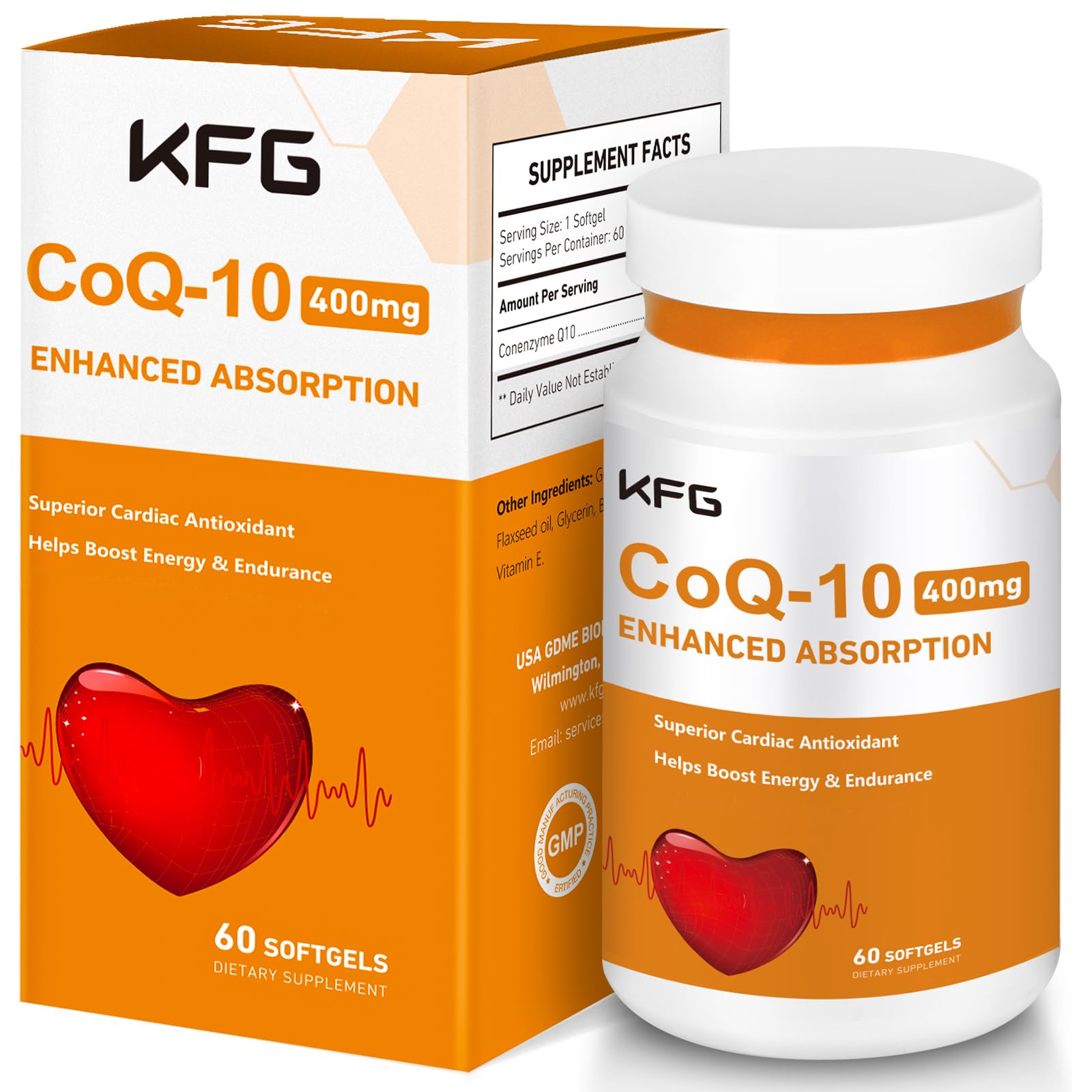KFG CoQ10 softgels bottle front promoting heart health support.