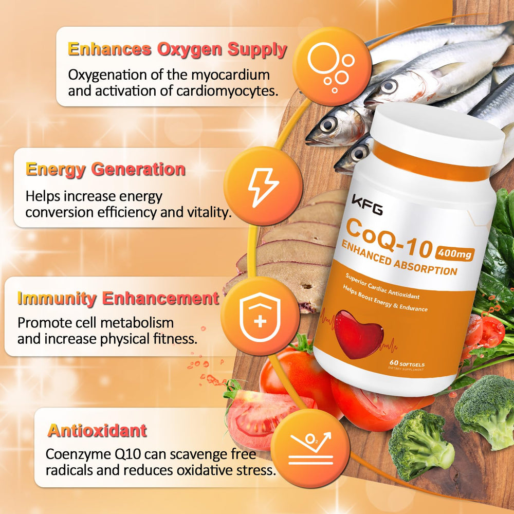 KFG CoQ10 softgels bottle pour ready for daily supplementation.