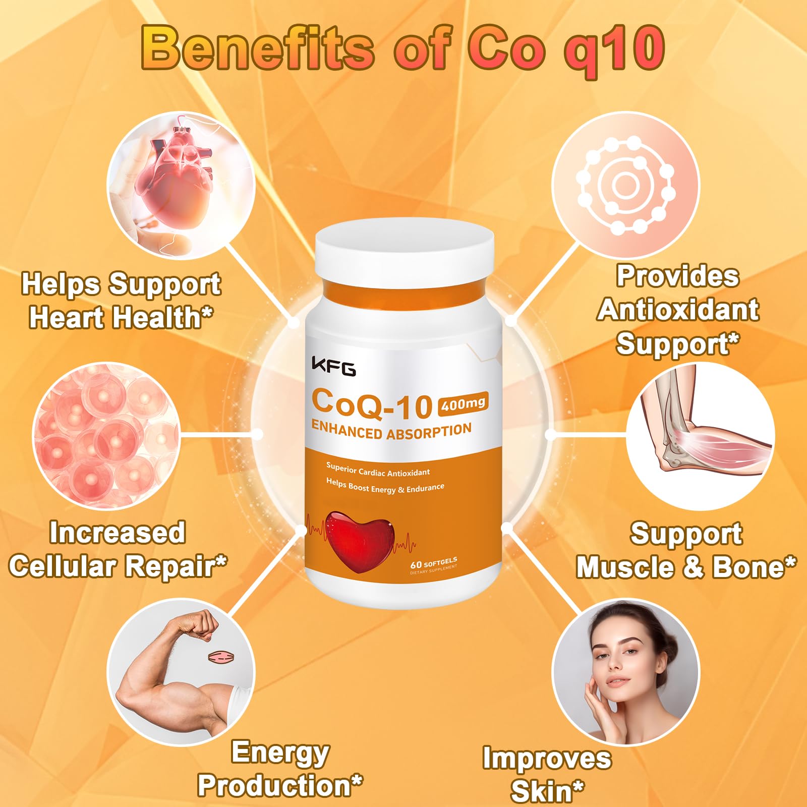 KFG CoQ10 softgels label detail shows gluten-free formula.