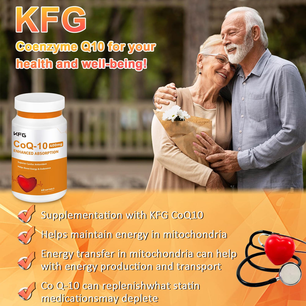 KFG CoQ10 softgels packaging on wood table for wellness routine.