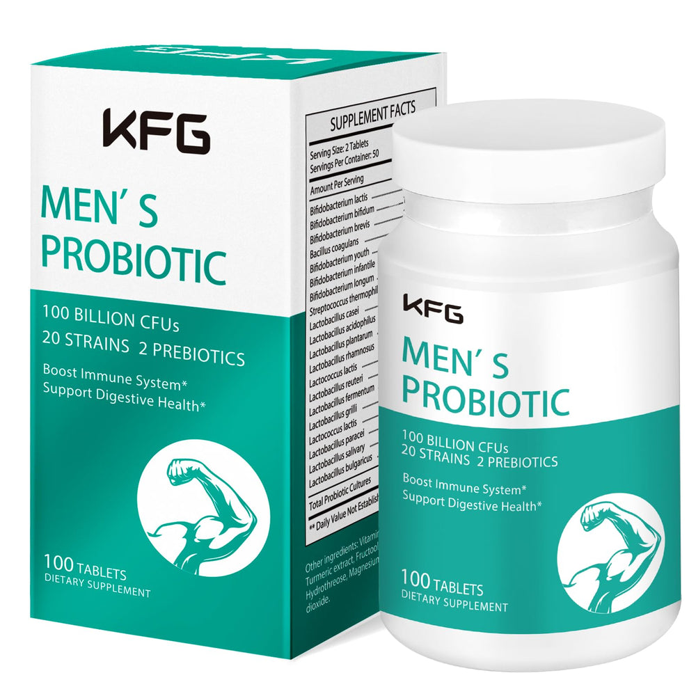 KFG Probiotic bottle showcasing 100B CFU formulation for daily gut balance.