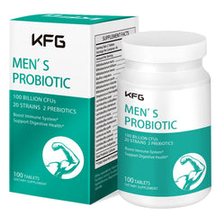 KFG Probiotic bottle showcasing 100B CFU formulation for daily gut balance.