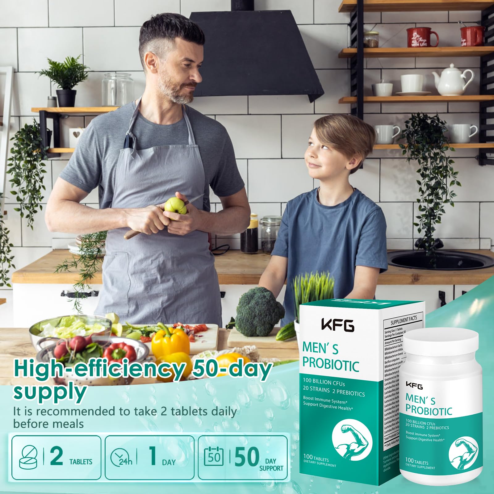 KFG Probiotic visual emphasizing 20 strains for gut diversity.