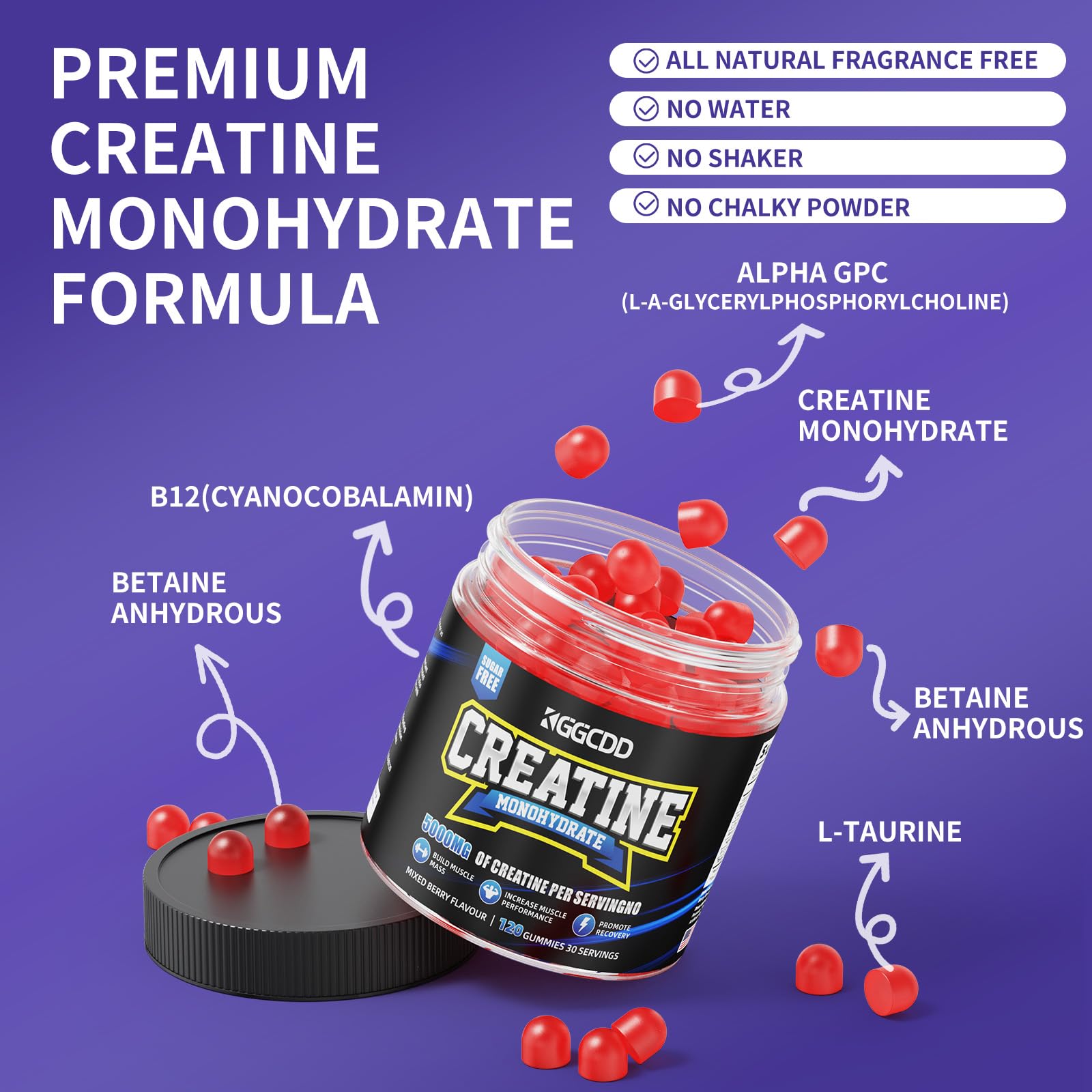 Ingredients panel showing creatine, BCAA, L-Carnitine and Taurine.