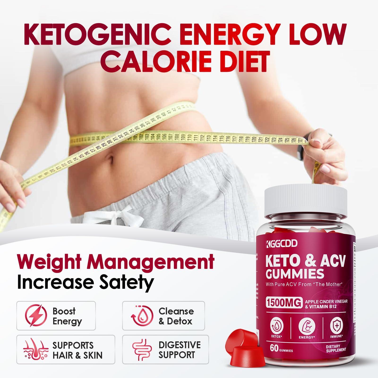 KGGCDD Keto ACV Gummies close-up highlighting flavor and 1500 mg ACV with B12.
