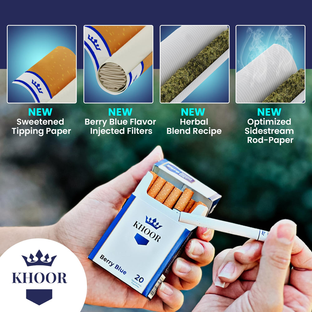KHOOR Berry Blue filter close-up highlights blueberry infusion and herbal blend.