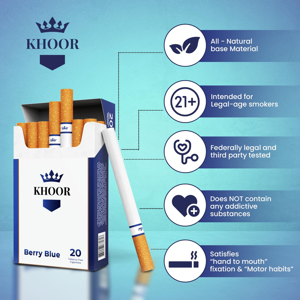 KHOOR Berry Blue pack back view highlighting filters and packaging for quick reference, discreet use.