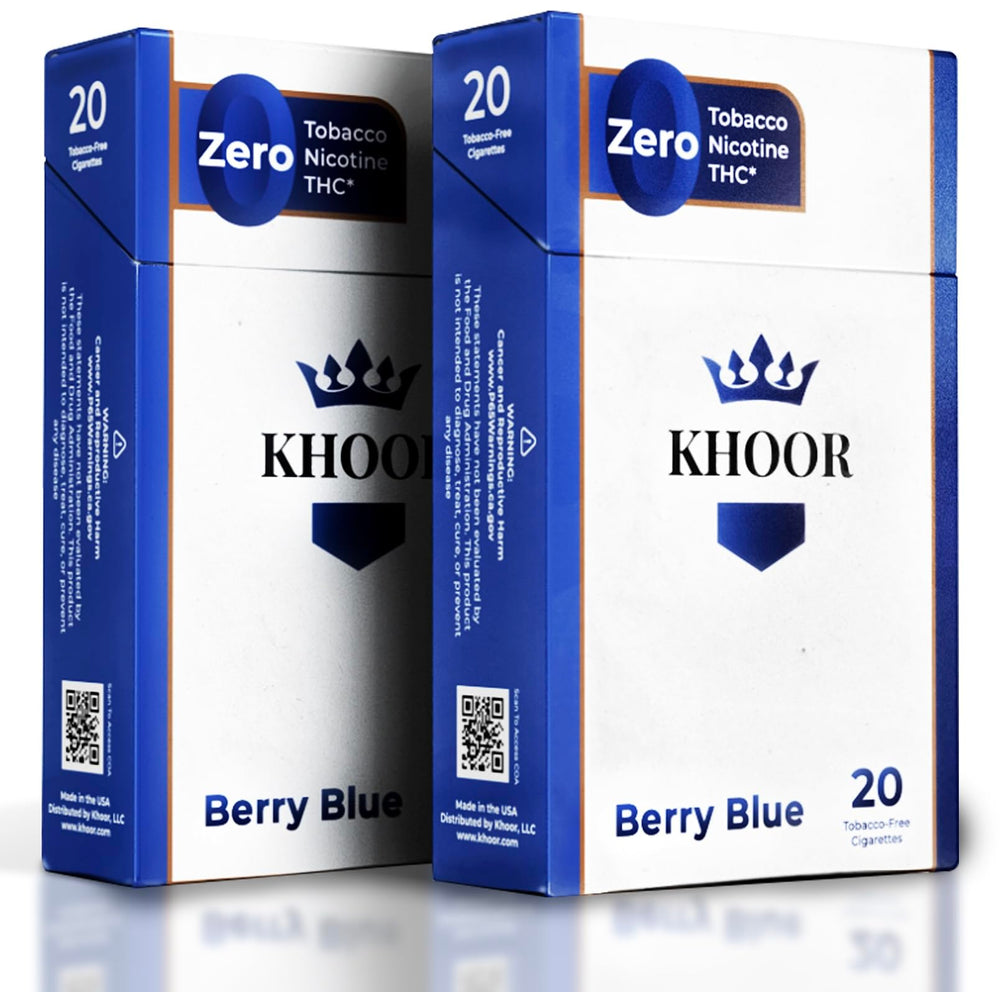 KHOOR Berry Blue herbal cigarettes pack front view, portable and non-addictive alternative to traditional cigarettes.