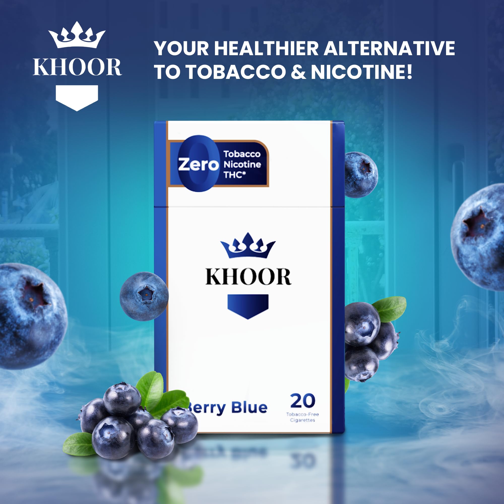 KHOOR Berry Blue pack on table with light background, suitable for home or office rituals.