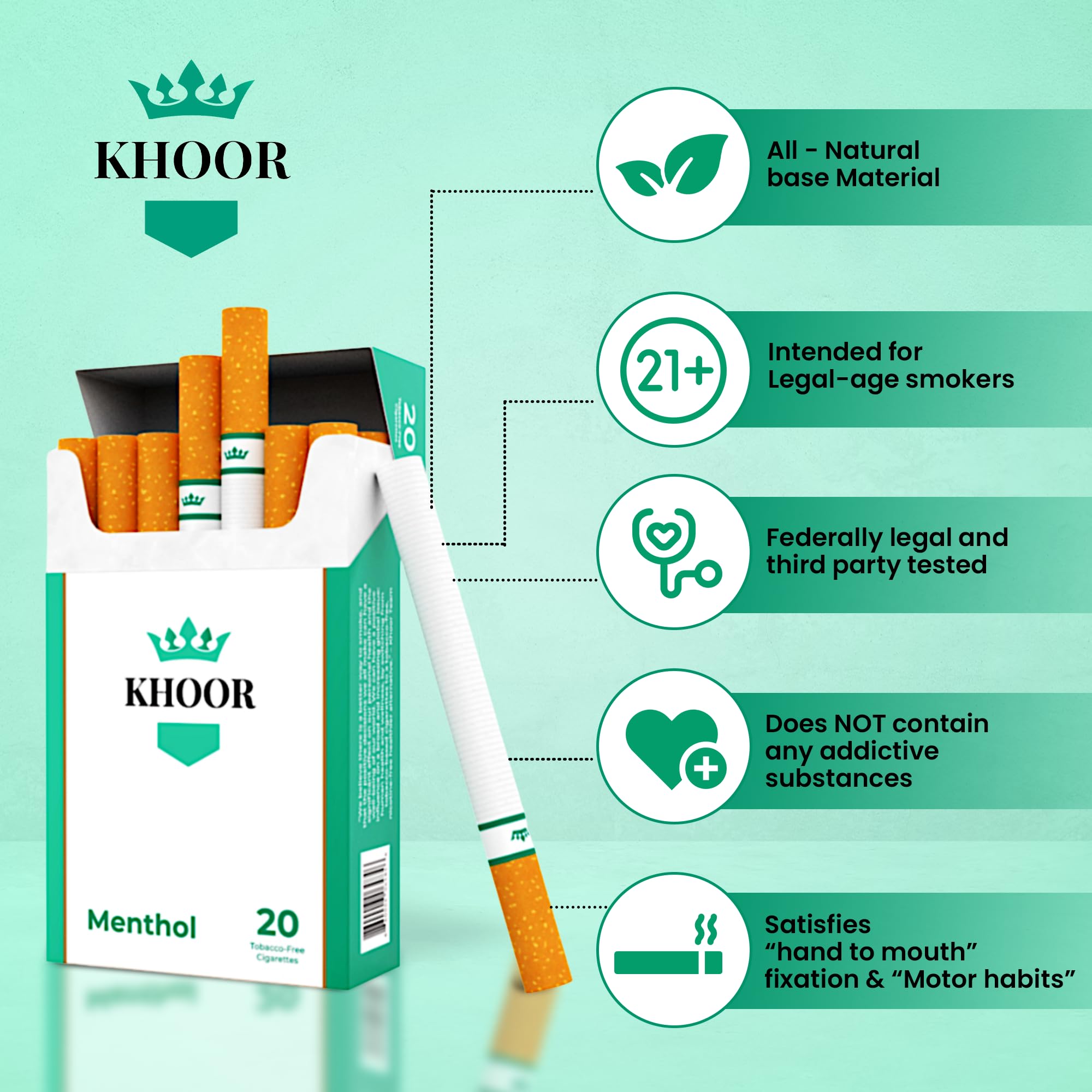 KHOOR Herbal cigarettes menthol pack in hand highlights discreet, on-the-go use.