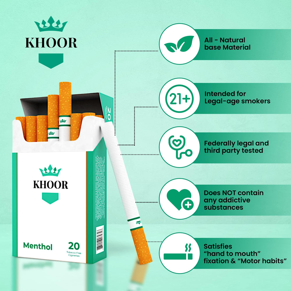 KHOOR Herbal cigarettes menthol pack in hand highlights discreet, on-the-go use.