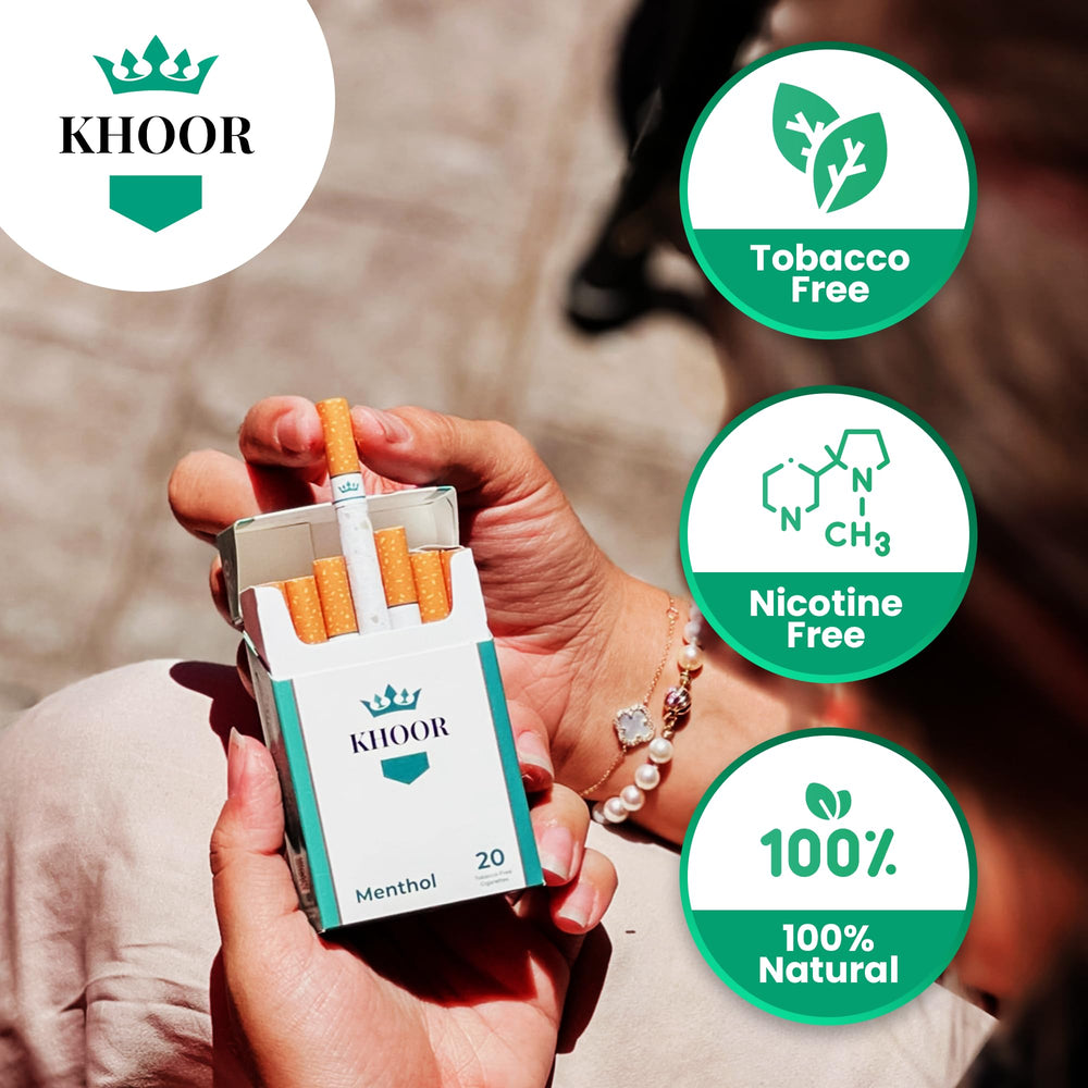 Khoor Menthol Cigarettes pack back highlights ingredients and usage notes for informed choices.