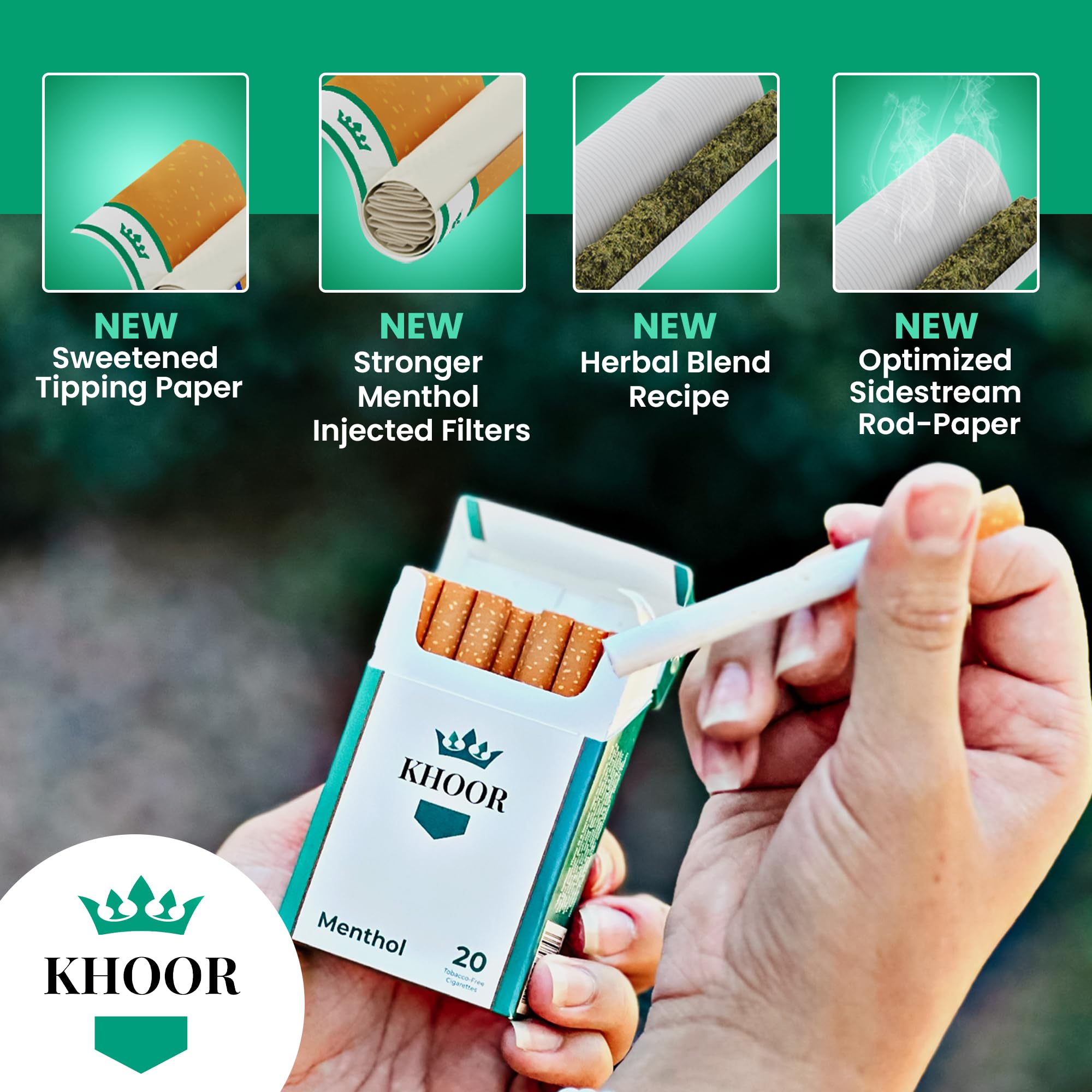 KHOOR Menthol filter closeup emphasizes cooling sensation without tobacco or nicotine.