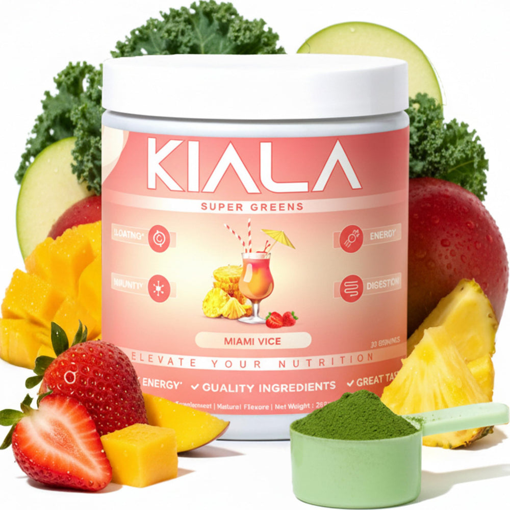 Kiala Nutrition Super Greens canister with Spectra blend highlighting gut health potential