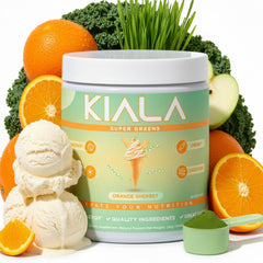 Kiala Nutrition Super Greens orange sherbet canister; supports daily wellness.