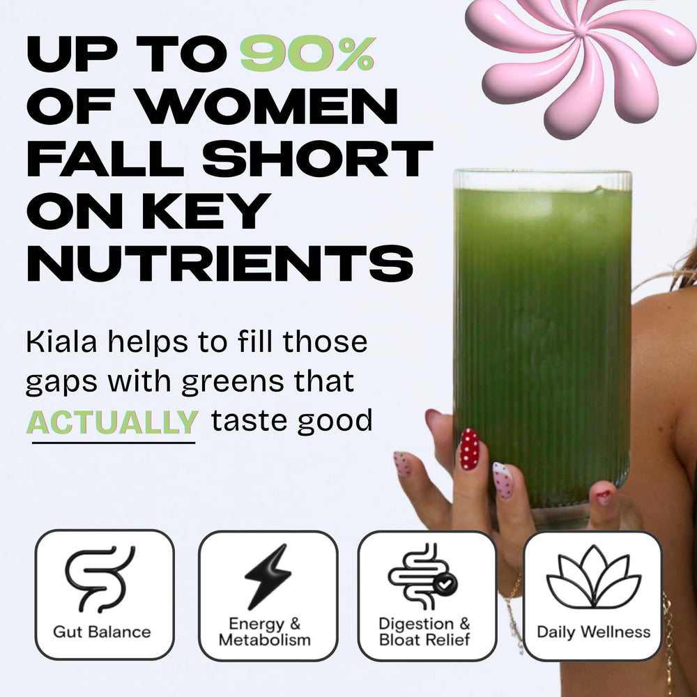 Kiala Nutrition Super Greens scoop pouring powder; convenient daily greens routine.