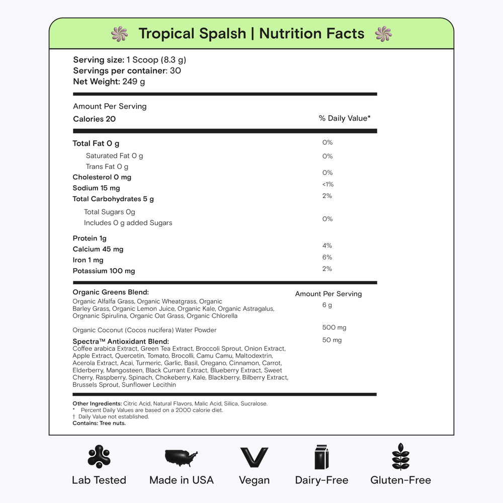Kiala Nutrition Super Greens Spectra blend image emphasizing antioxidant-rich formula