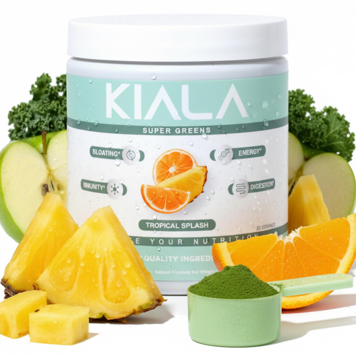 Kiala Nutrition Super Greens Tropical Splash canister for a refreshing daily greens boost